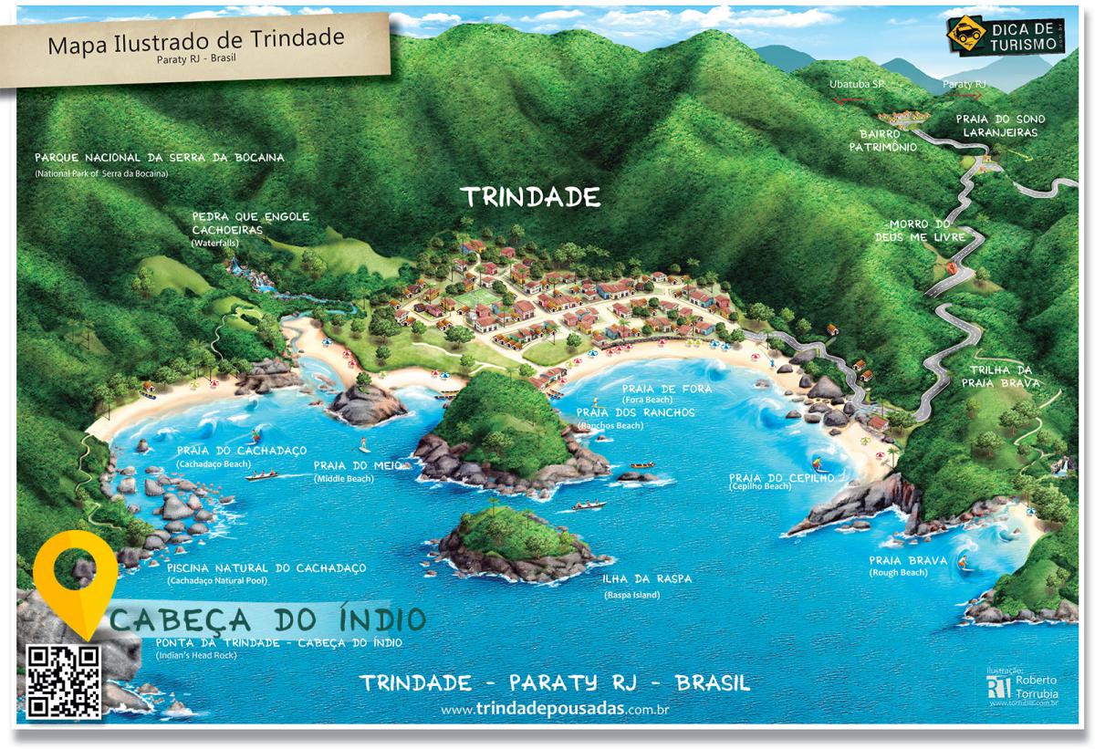 Mapa de localização da Ponta da Trindade (Cabeça do Índio)  em Trindade - Paraty RJ - Ilustração: Roberto Torrubia