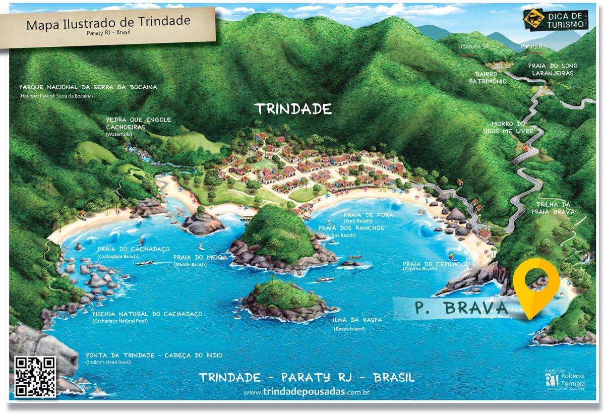 Mapa de localização da Praia Brava em Trindade - Paraty RJ - Ilustração: Roberto Torrubia