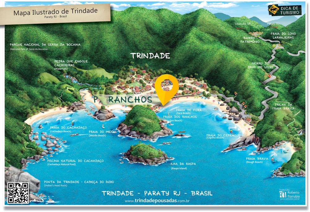 Mapa de localização da Praia dos Ranchos em Trindade - Paraty RJ - Ilustração: Roberto Torrubia