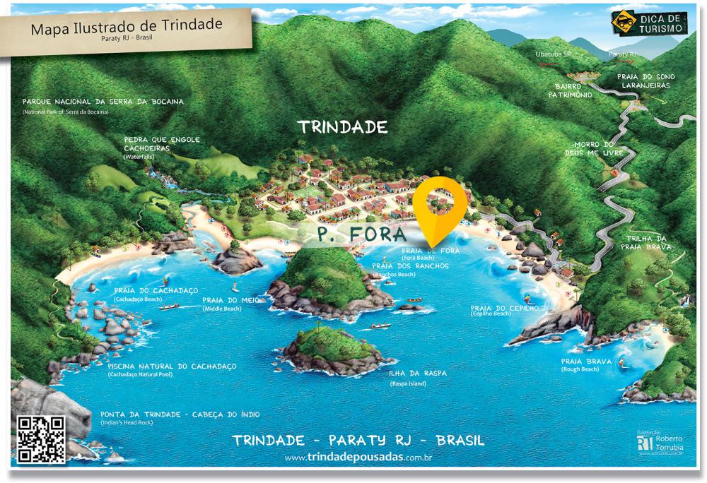 Mapa de localização da Praia de Fora em Trindade - Paraty RJ - Ilustração: Roberto Torrubia Mapa de localização da Praia de Fora em Trindade - Paraty RJ - Ilustração: Roberto Torrubia