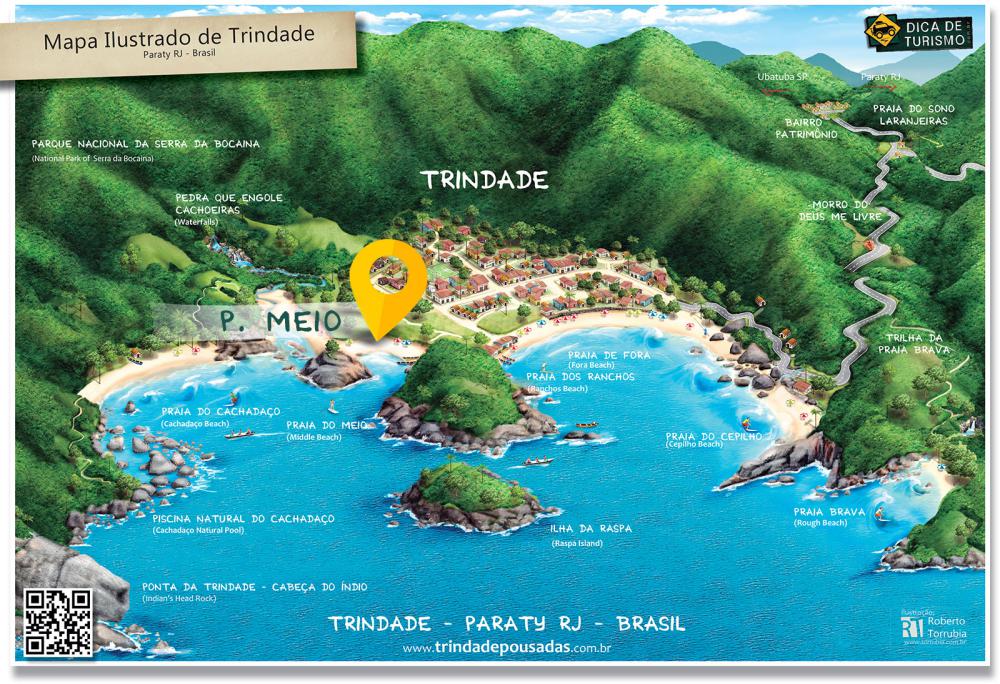 Mapa de localização da Praia do Meio em Trindade - Paraty RJ - Ilustração: Roberto Torrubia